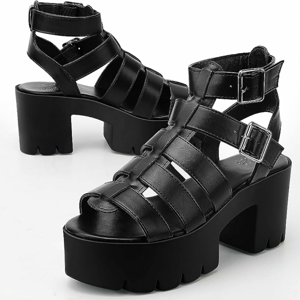 Ready Salted Black Faux Leather Chunky Platform Caged Sandals NIB Size 7